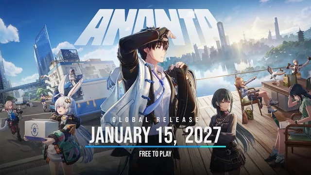Key art for the Ananta launch date trailer: the Captain with a jacket over one shoulder, surrounded by squad members on a city deck, with "Global Release January 15, 2027, Free to Play"
