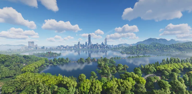 Wide aerial view of a lake ringed by forested hills with a faint skyline in the distance, the left half of the official "Two Cities" slider