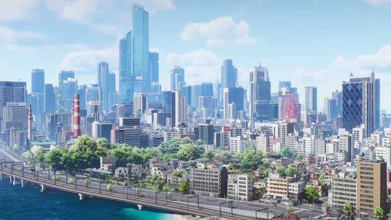 Dense modern skyline with a very tall tower, a river bridge and tree-lined streets, the right half of the official "Two Cities" slider