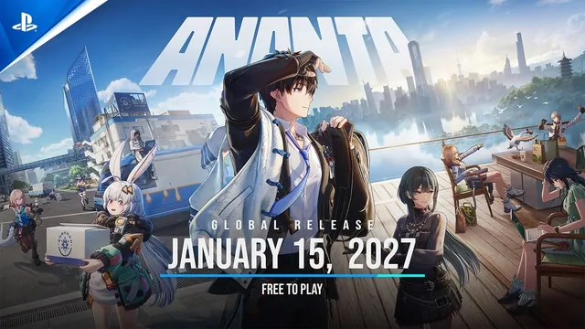PlayStation channel thumbnail for the Ananta release date reveal, same key art with "Global Release January 15, 2027, Free to Play" and the PlayStation logo