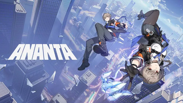 Thumbnail of the Ananta Announce Trailer: two characters falling head first between skyscrapers beside the ANANTA title