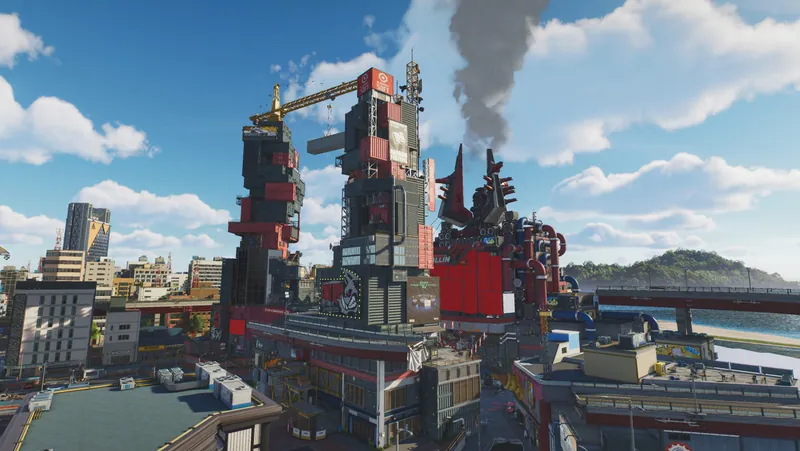 Veluxity Zone: stacked red and black industrial towers, cranes and a smoking chimney beside a bay