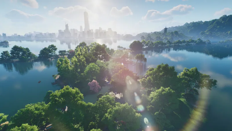 Aerial view of Weilan Lake in Lingyun: wooded islets in calm water with sun flare and a distant skyline