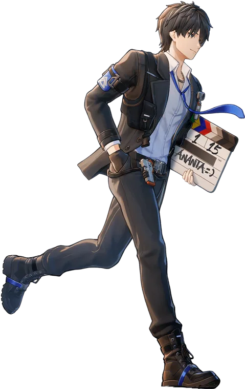 Transparent cut-out of the Captain in a dark jacket and tie running with a film clapperboard