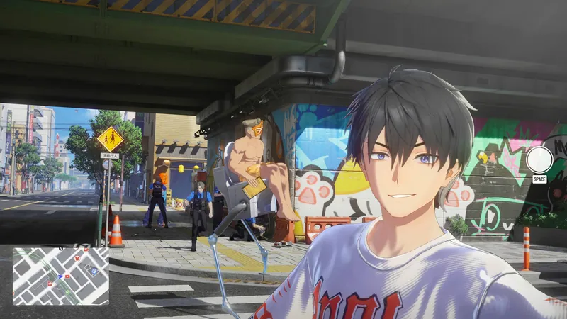 The Captain in a white graphic T-shirt smiling at the camera under a graffiti-covered overpass