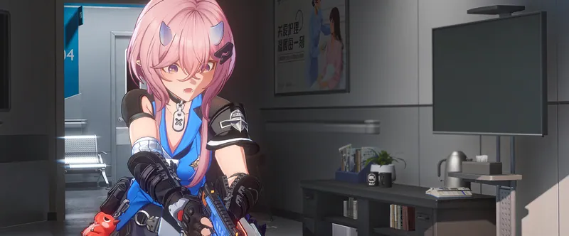 Richie with pink hair holding a gun in a small room with a wall-mounted TV