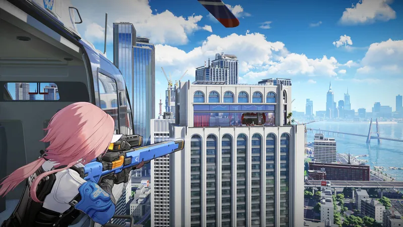 Richie aiming a blue rifle from a vehicle toward a tall blue-and-white skyscraper