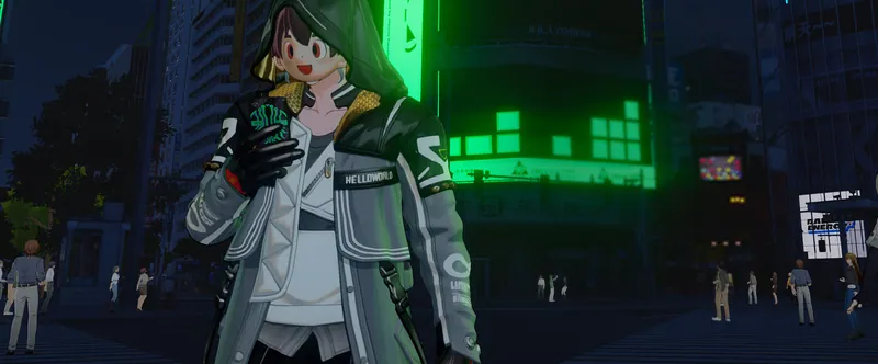 Seymour in a hooded green jacket on a night street lit by green neon