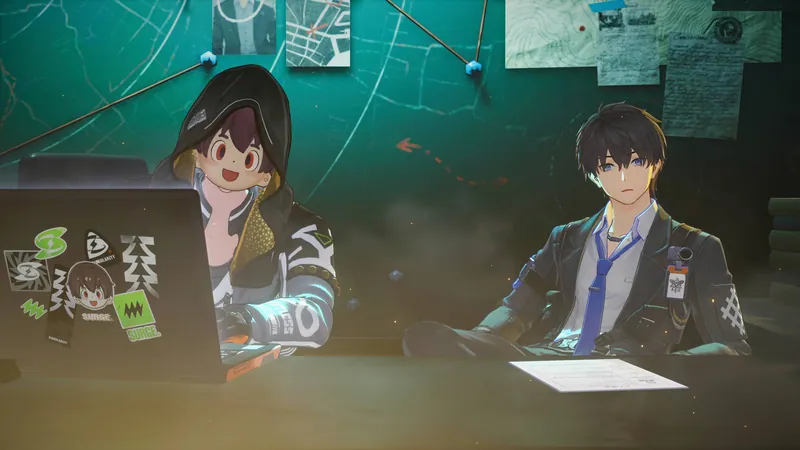 Seymour working at a laptop covered with stickers in a teal room, with the Captain beside him