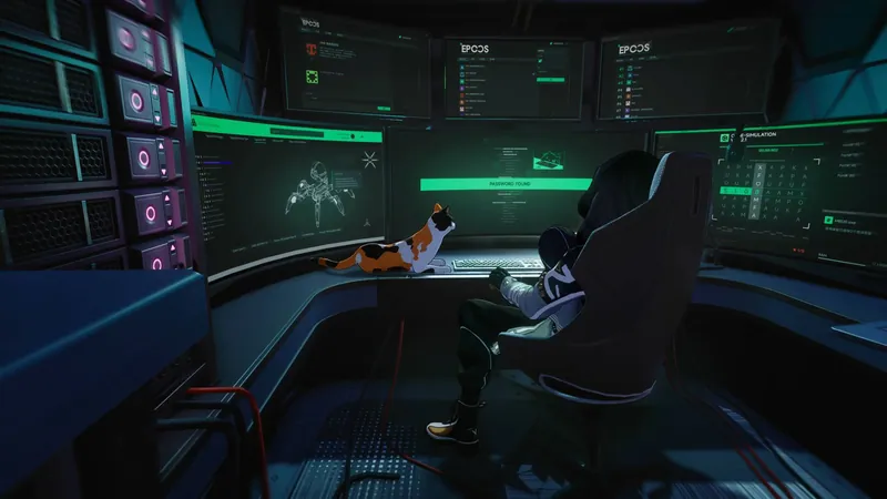 Seymour in a gaming chair in a dark control room filled with green monitors, with a cat nearby