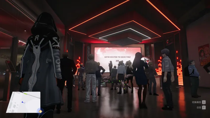 A hooded figure in the foreground facing a crowd watching a screen in a dark hall with red neon trim