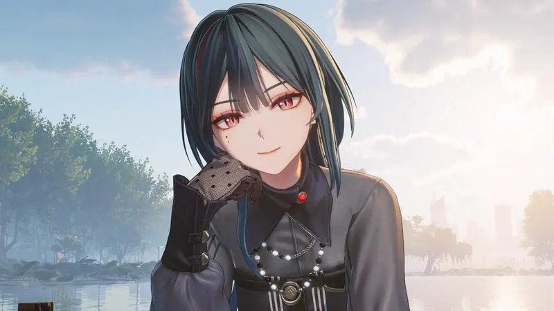 Close-up of Shi Ye smiling softly with a gloved hand near her face and a lake behind her