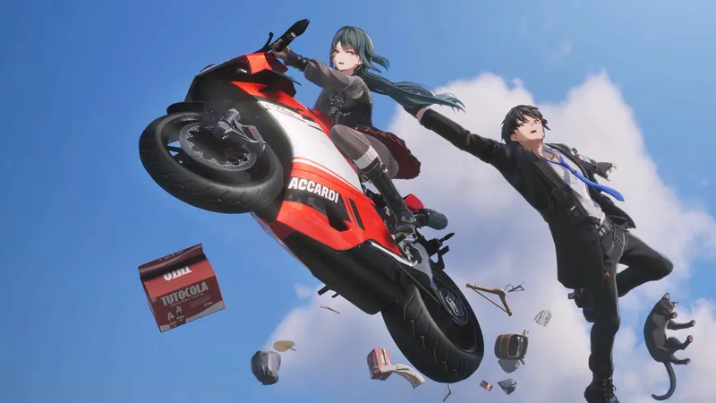 Shi Ye and the Captain flung into the air beside a red and black motorcycle and scattered debris under a blue sky