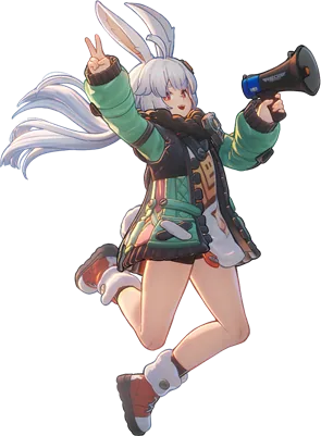Transparent cut-out of Taffy, a white-haired girl with rabbit ears, leaping with a megaphone in a green jacket