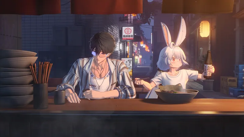 Taffy eating a bowl of ramen at a dim counter next to the Captain