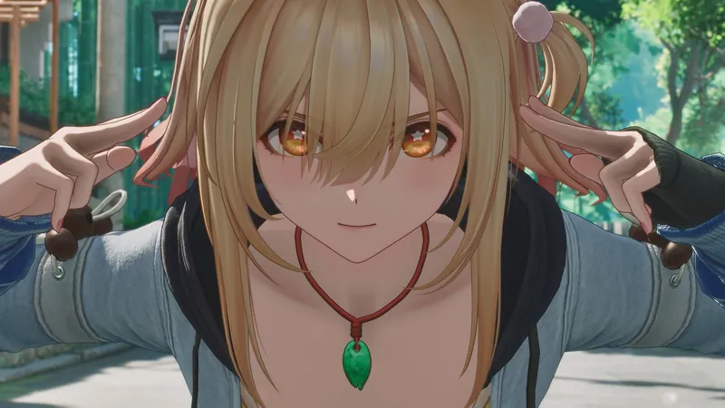 Close-up of Yinglong with blonde hair and a green jade pendant, hands pulling at her hair