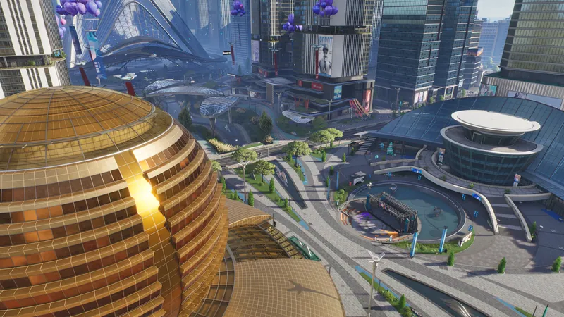 Futuristic district with a gold mirrored sphere building and curving elevated roads and plazas