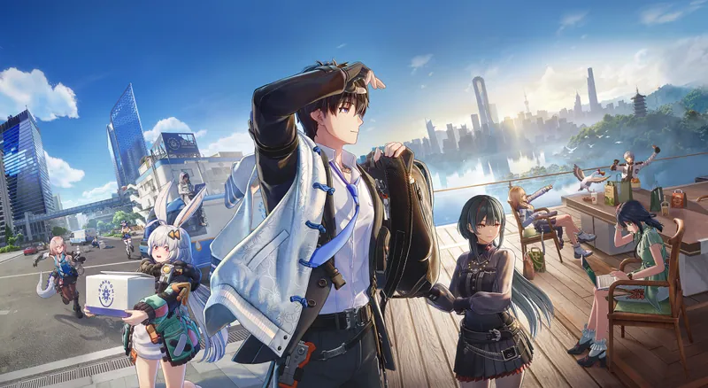 Official Ananta key visual: the Captain with a jacket over one shoulder stands in front of Taffy, Shi Ye and other squad members on a wooden deck with a city skyline behind