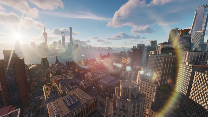 Sunlit city skyline in Ananta with a tall tower on the horizon, lens flare and dense rooftops in the foreground