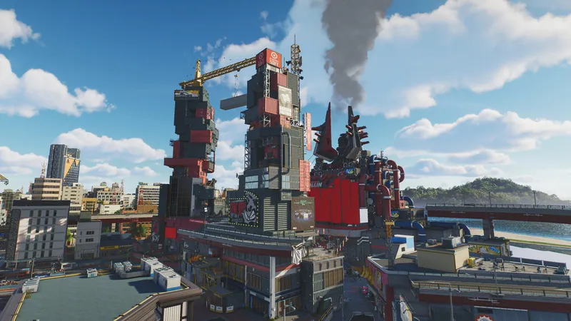 Ananta district of stacked red and black industrial towers, cranes and a smoking chimney beside a bay (same scene as the official Veluxity Zone image)