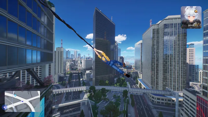 Player swinging on a grapple line between glass skyscrapers in Ananta, with minimap and a character portrait on screen