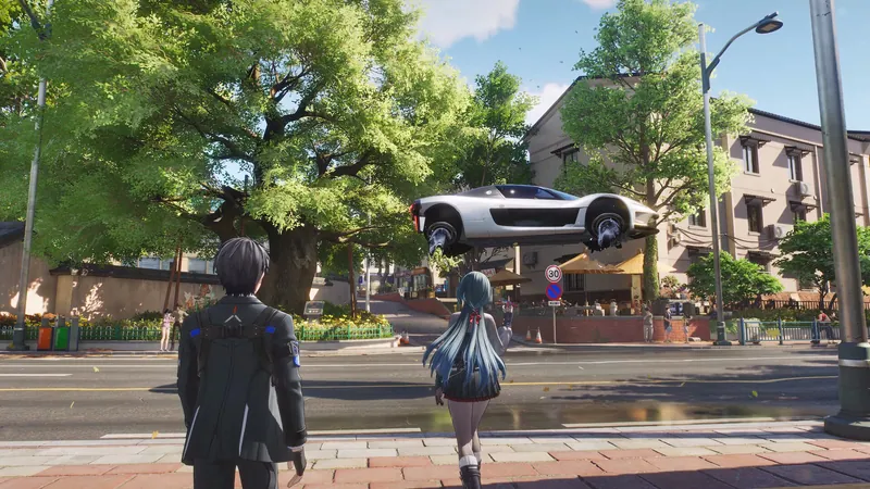 The Captain and Shi Ye walking along a tree-lined street while a white hover car passes overhead in Ananta