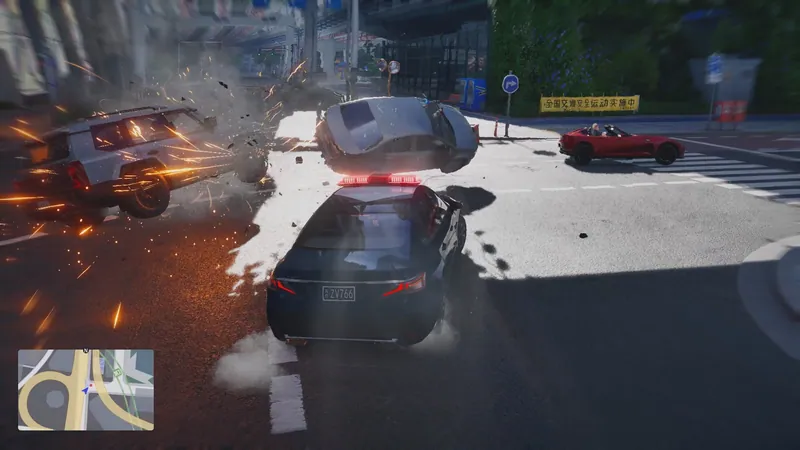 Car chase in Ananta: a police car crashes through traffic with sparks and debris flying, minimap in the corner