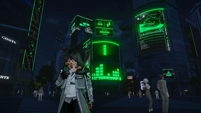 Seymour, a hooded figure in a green jacket, standing in a night street lit by green neon billboards in Ananta