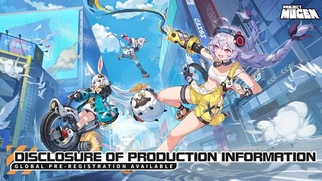 Thumbnail of the Project Mugen production information video: stylised characters on bikes among skyscrapers, captioned "Disclosure of Production Information"